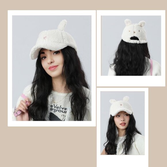 Women White Winter Wool Cat Rabbit Ears Soft Beanie Slouchy Baseball Cap - Picture 2 of 5